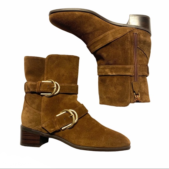 Stuart Weitzman Shoes - Stuart Weitzman Suede Leather Brown Moto Boots Britain Buckle Size 5